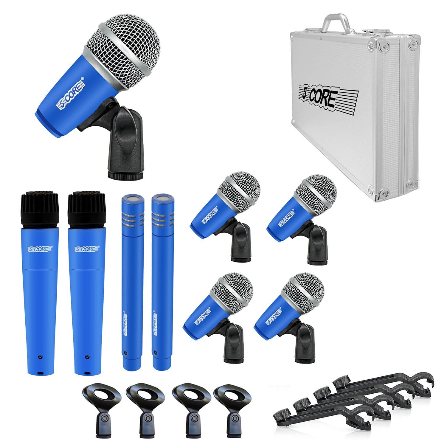 5Core Drum Mic Kit 9 Pcs Kick BassTom Snare Dynamic Mics Instrument Microphone Set BLUE-0